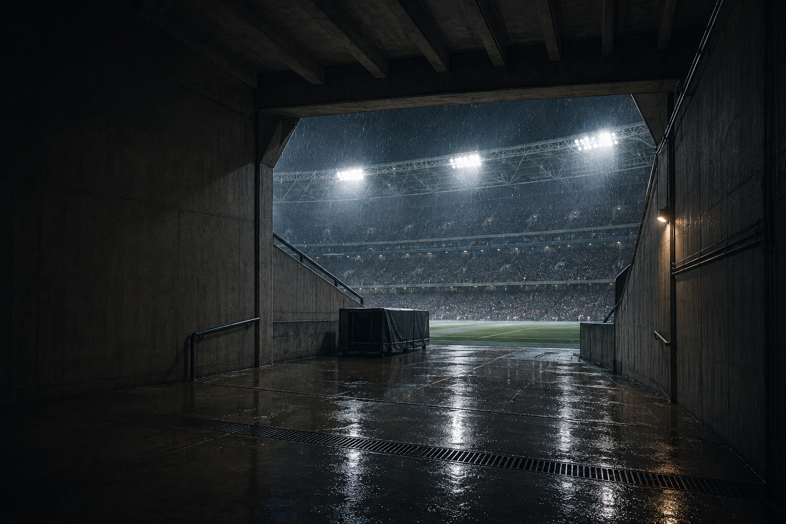 A rain-soaked stadium entrance under major floodlights