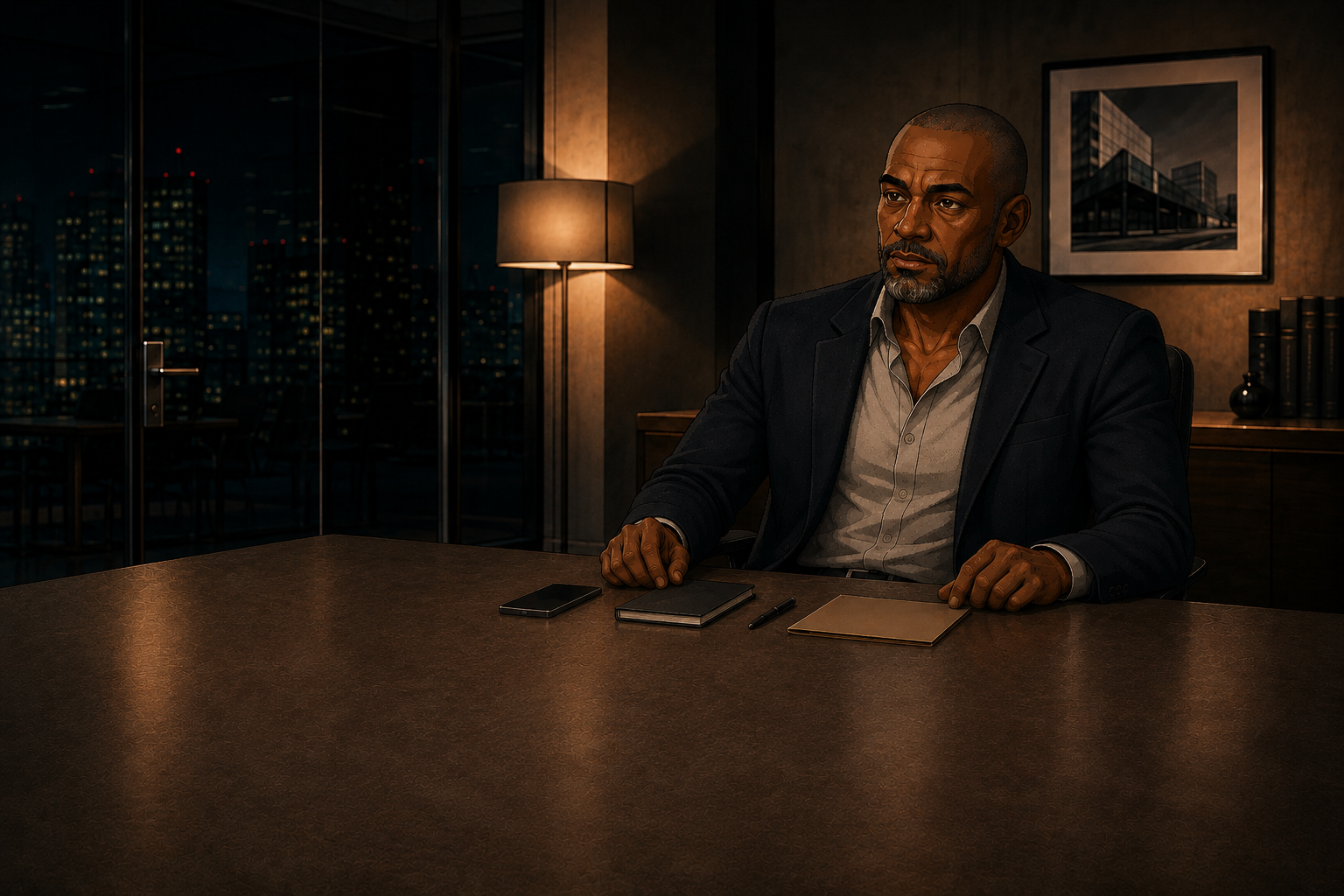 An illustrated agent waits across a photographic office table